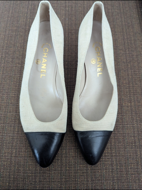 CHANEL Shoes - CHANEL Beige Canvas and Black Leather Cap-Toe Pumps